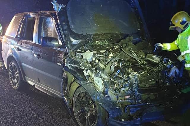 The Range Rover was seriously damaged in the smash. Pic: @DerbyshireRPU Bikers