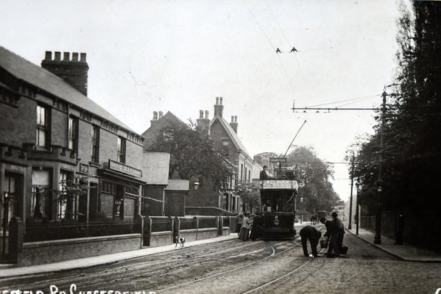 This photo from 1910 shows the tram lines on Sheffield Road.