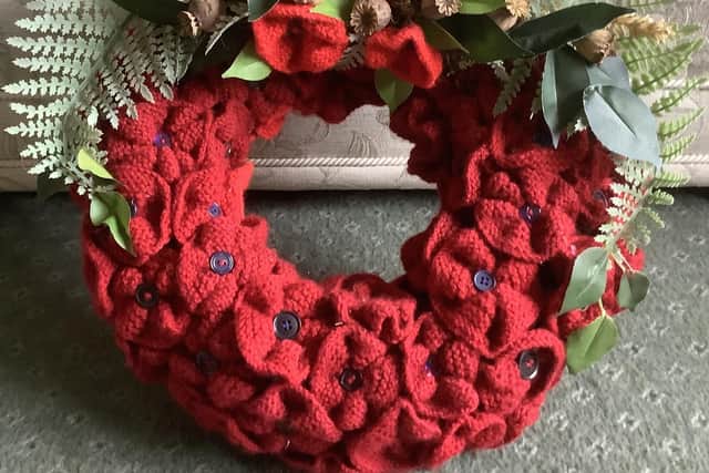 The poppy wreath which knitters in Grassmoor Ladies Craft Group created to honour those who sacrificed their lives for the village in wartime.