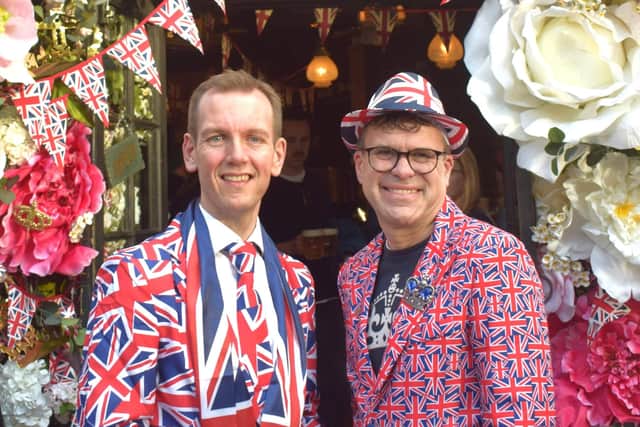 Royal enthusiast James Taylor (left), of Shirebrook, dressed in his Union Jack suit, with friend Dean Caston at the King's Coronation in London last Saturday.