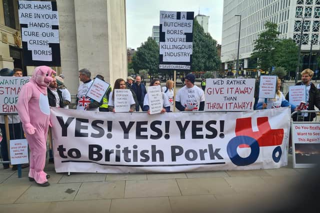 Steve Thompson joined other pig producers to demonstrate in Manchester on Monday morning (4 October) close to the Conservative Party conference, to raise awareness about the crisis affecting their sector.