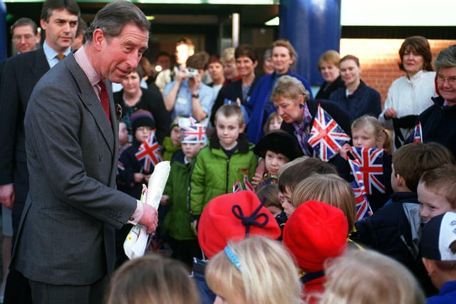 Prince Charles talks to schoolchildren outside Chesterfield and North Derbyshire Royal Hospital.