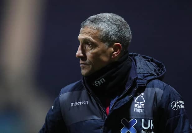 PRESTON, ENGLAND - JANUARY 02: Chris Hughton the manager of Nottingham Forest looks on after the Sky Bet Championship match between Preston North End and Nottingham Forest at Deepdale on January 02, 2021 in Preston, England. (Photo by Alex Livesey/Getty Images)