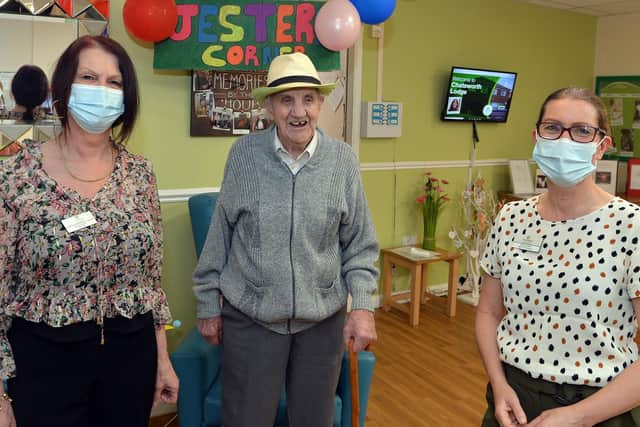 Michelle Rose manager, resident Alan Jack Swain and deputy manager Zenka Shires at Chatsworth Lodge care home.