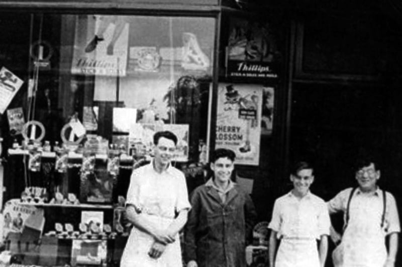 J H Bowers and Son repairers shop
Dennis, third from the right, as a boy outside his late father's shop in Old Fawcett Road. To the right is his father and far left two brothers, Roy and Eric.
