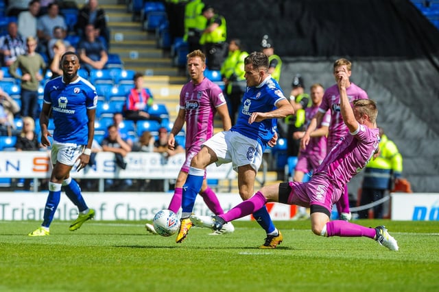 Chesterfield's  Jordan Sinnott (8) beats Grimsby defender Nathan Clarke to the ball to prod at goal.