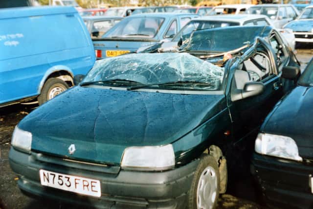 Jon's car pictured after the accident on October 31, 2000. Picture supplied by Jon Greaves.