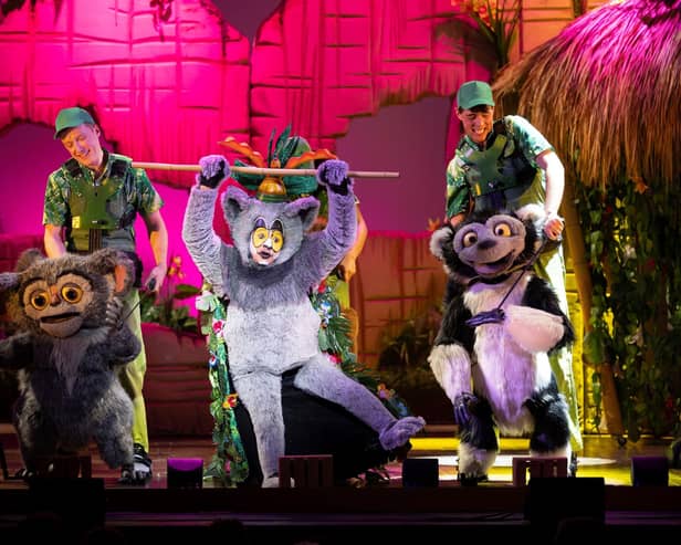 Karim Zeroual  with furry friends in the signature song Move it, Move it which will delight families who visit Madagascar - The Musical at Sheffield Lyceum Theatre from May 22-25, 2024.