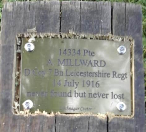 The plaque to Pte A Millward at the Lochnagar Crater, one the bloodiest square mile on the Western Front.