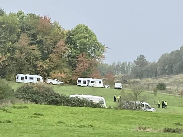 Travellers who were using a chainsaw to cur down trees at Grassmoor Country Park have threatened dog walkers.
