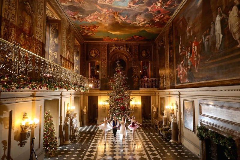 Ballet dancers, (L-R) Daisy Kerry, Benjamin Jones, Daisy Edwards and Alice Rathbone, from The Claire Dobinson School of Dance, pose for photographers as they recreate The Nutcracker in the painted hall of Chatsworth House, at the stately home's pantomine themed Christmas events on November 4, 2016.