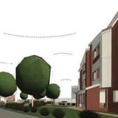 Artist's impression of how the apartment block and bungalows would look.