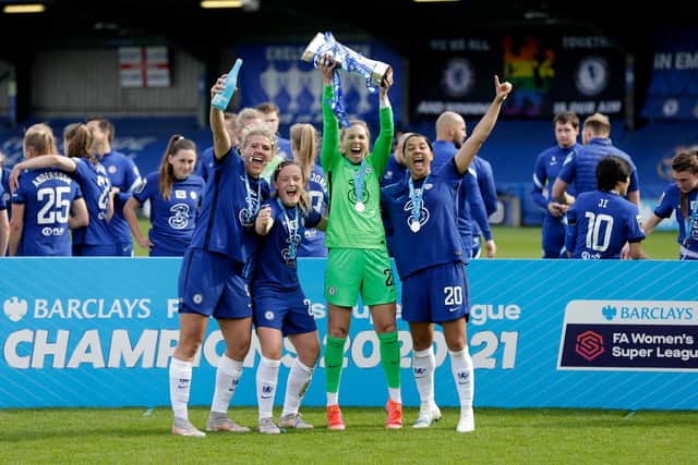 Millie Bright celebrates winning this season's Barclays FA Women's Super League with Chelsea. (Photo by Henry Browne/Getty Images)