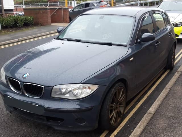 Derbyshire Roads Policing Unit said the driver of this BMW was a 'risk to car occupants and other road users' due to the vehicles damaged rear axle.