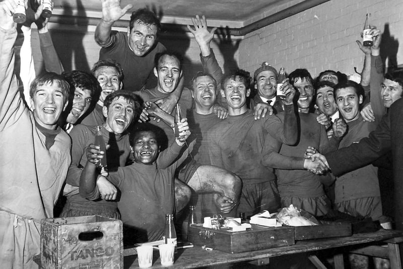 The Hartlepool United players celebrating promotion in 1968 with a 2-0 win at Swansea.