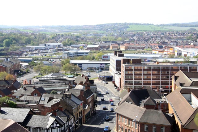 This view, from the Crooked Spire of St Mary and All Saints Church, shows Lordsmill Street, which gained its current name in the 17th Century. It refers to the corn mill belonging to the lord of the manor of Chesterfield. This stood on the River Hipper immediately upstream from the bridge carrying the road over the river. The mill ended its days as a leather works and the buildings were only demolished in the 1980s.