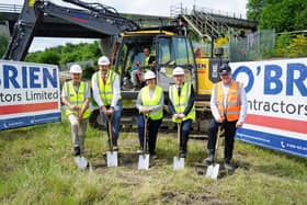 The start of the works to construct the Trans Pennine Trail Bridge. From left, Peter Hardy of Chesterfield Canal Trust, Toby Perkins MP, Cllr Tricia Gilby, Lee Rowley MP and Tony Mitchell, director of O'Brien Contractors. (Photo: Brian Eyre/Derbyshire Times)