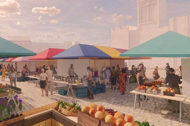 An artists’ impression showing what the transformed Chesterfield Market could look like.