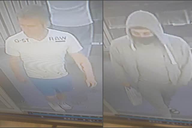 Derbyshire police would like to speak to these two men about a burglary in Chesterfield. Image: Derbyshre police.