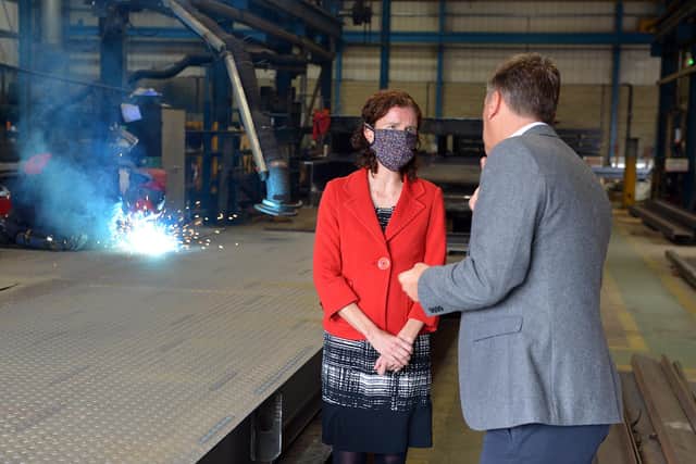 Shadow chancellor Anneliese Dodds talks to with Nick Catt MD at Weightron in Chesterfield