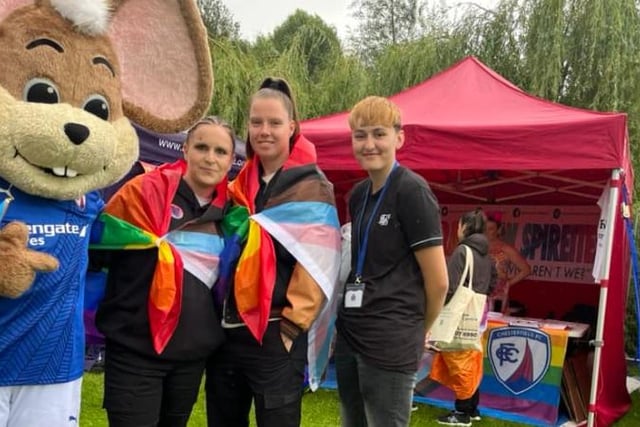 Nikki Davis submitted this photo of Pride visitors with Chesterfield FC mascot Chester the Fieldmouse outside the Rainbow Spireites tent.