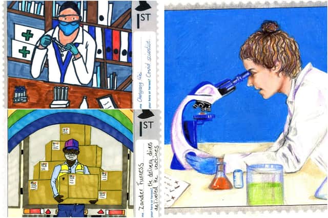 Designs by Maddie Bonsey, Zander Furness and Chenyang Wai, clockwise from right, are among 120 out of 606,049 which could be chosen to become an official Royal Mail stamp.