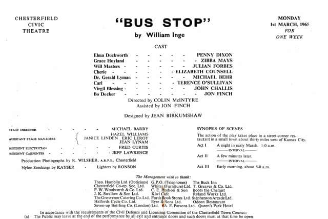 The programme for Bus Stop at Chesterfield Civic where John Challis played Virgil Blessing in 1965.