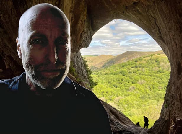 Mark Gwynne Jones at Thors Cave, near Wetton, in the Peak District.