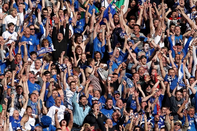 Spireites fans celebrate their second goal against Swindon Town in the JPT final.