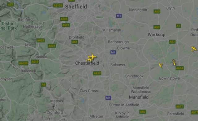 The jet, owned by Oil Spill Response, was spotted flying low over Chesterfield yesterday afternoon. Image: Flight Radar 24