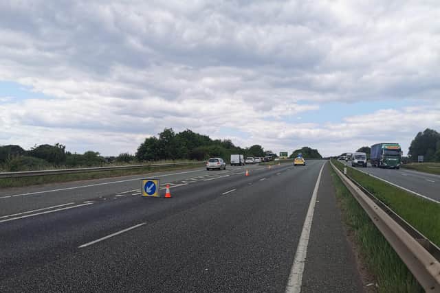 Police are now releasing traffic 'trapped' between junction 5 and 6 on the A50 Westbound - after a portion of the road was closed following a serious crash. Credit: Derbyshire Roads Policing Unit.