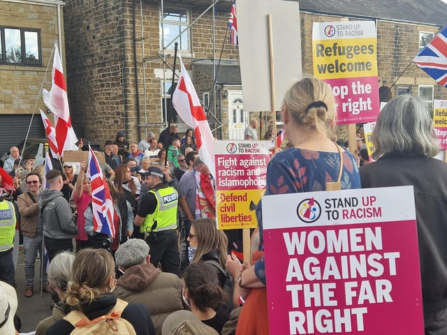 Counter protesters held banners stating 'women against the far right' and 'fight against racism and islamophobia'.