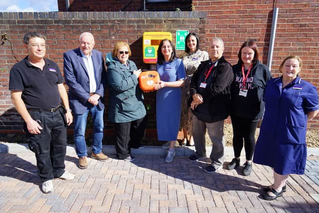 Launch of defib at Belvedere House in Chesterfield with Councillor Jenny flood. Seen Andy Smedley , County councillor Dave Alen, coun Jenny Flood, Shiva Sheikoheslami home manager, Clare Adsetts customer relations manager, coun Keith Miles, coun Lisa Blackemoore and Andrea Allman deputy manager.