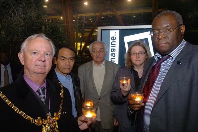 Pictured in the Winter Garden, Sheffield, where the Holocaust Memorial Day service was held. Seen LtoR are speakers the Lord Mayor of Sheffield Coun Arthur Dunworth, Khun Saing representative of the Sheffield Burmese Community,  Dr Jakubivic a holocaust survivor, Adele Robinson head of Equalities team, Sheff City Council,  and Coun John Campbell of Sheffield Racial Equality council