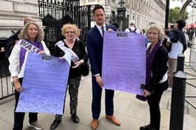Angela Madden, who chairs the national WASPI campaign, delivered a petition to Rishi Sunak in July 2023. Angela, pictured second left, was joined by MP Stephen Morgan from Portsmouth,Shelagh Simmonds from Solent WASPI group and Gill Saul from Brighton and Hove WASPI Group.