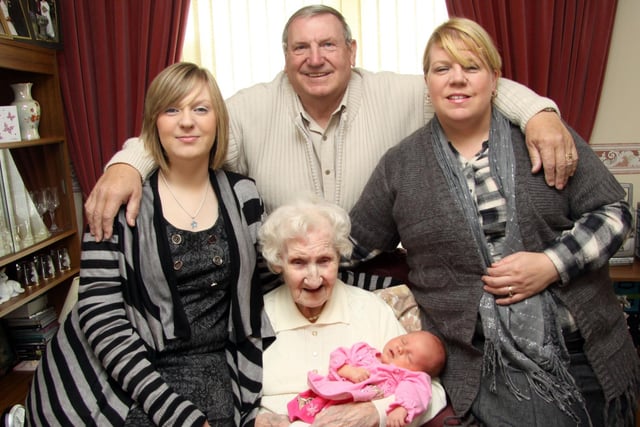 Five Generations at Boythorpe, Great-great-gran Eunice Moore with baby Grace-Louise Hewitt, with back left to right, Kelly Hewitt (mum), Terry Moore (great-grandad) and Angela Hewitt (grandmother) pictured in 2010
