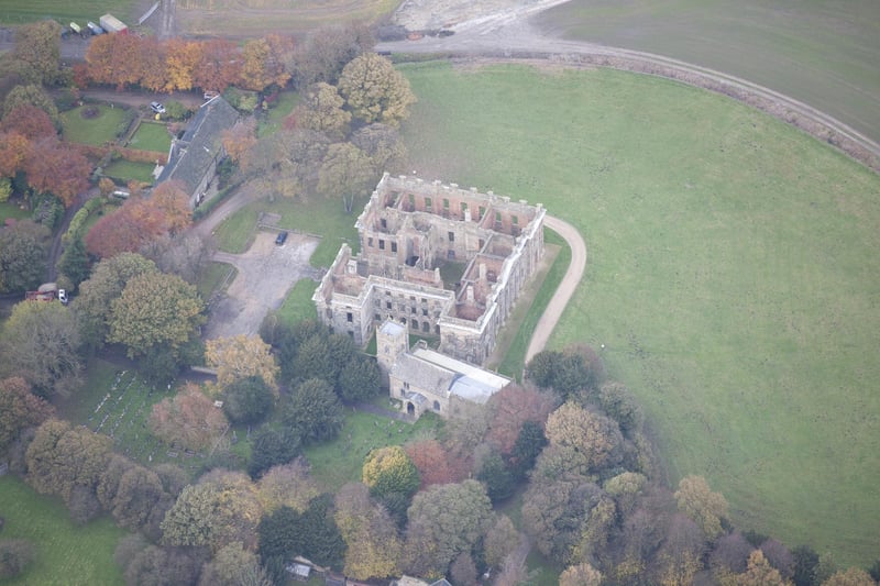 Ruins of Sutton Scarsdale Hall, from above taken in 2013. The Georgian country house designed by Francis Smith, Sutton Scarsdale Hall was built in the 1720s. The house fell into neglect in the early 20th century and was asset stripped, leaving only the ruined shell seen today.(Photo by English Heritage/Heritage Images/Getty Images)
