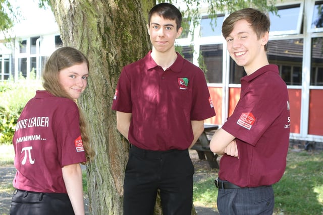 Brookfield School Maths Leaders, Millie Wright, Harry Berresford and Harrison Dart showing off the new maths leader shirts sponsored by Copelands Auction House in 2018