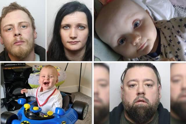 Top: Stephen Boden and Shannon Marsden, convicted of murdering their 10-month-old baby Finley Boden (top right)
Bottom: Craig Crouch, convicted of murdering his 10-month-old step-son Jacob Crouch (bottom left)