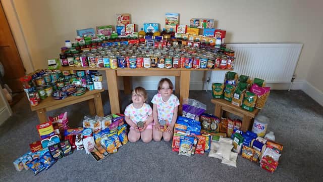 Rosie and her sister Holly, three, with the items collected for Chesterfield Foodbank.