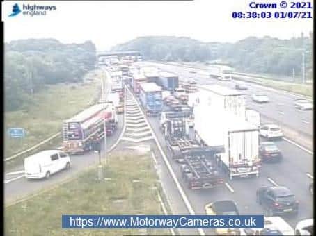 Traffic on the M1 following the fire. Picture from www.motorwaycameras.co.uk.