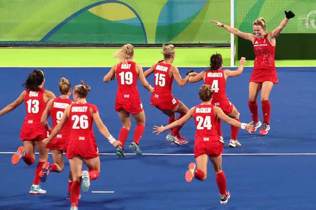 Hollie Pearne-Webb celebrates with teammates after scoring the winning penalty in the Rio 2016 Olympic final against the Netherlands. (Photo by Mark Kolbe/Getty Images)