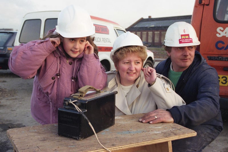The old Sunderland forge bit the dust in November 1991 and there to perform the ceremony was Lauren Baldassarra, 9, and Ann Tipling. a partner in Instrip Demolition of Washington, with expert John Turner watching.