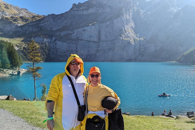 The pair were lucky enough to visit the stunning Lake Oeschinensee in Switzerland.