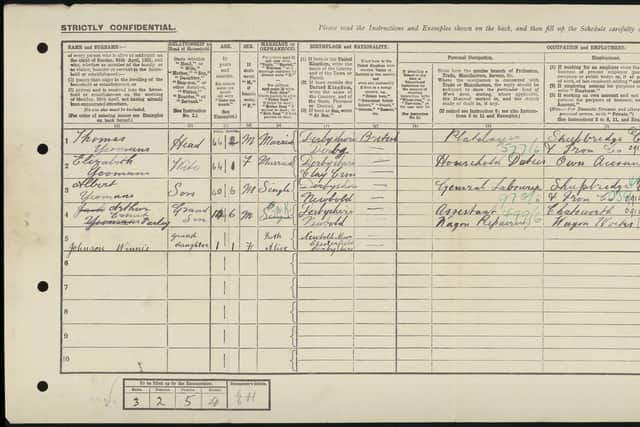 The census record of the Yeoman family who lived at 6 Brunston Street, Chesterfield, in 1921 (photo: findmypast).