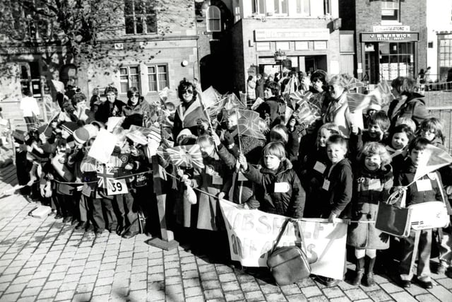 School children from Tibshelf Infants school wait to greet the Prince and Princess of Wales in Chesterfield,  November 1981.