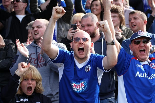 Fans celebrate after Chesterfield won the League 2 Championship in May 2014.