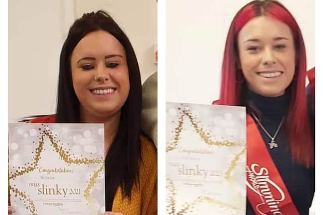 Natalie Brannigan with Slimming World's Miss Slinky awards in 2021 and 2023.