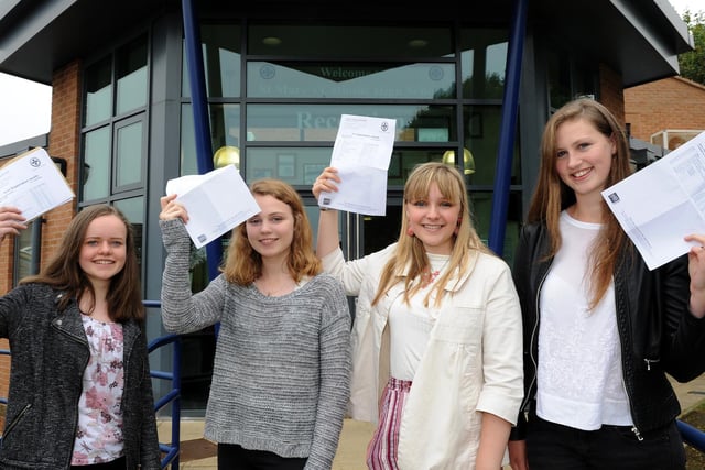 St Mary's Catholic High School students celebrate their GCSE results. (l-r) Miriam Armstrong-Read achieved 10 A*'s and 2 A's, Eleanor Smith achieved 9A*'s and 3 A's, Amy Bannister achieved 7 A*'s and 5 A's and Sarah Doyle achieved 11 A*'s and 2 A's. Picture: Andrew Roe