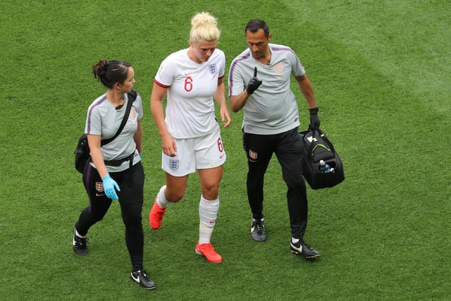 Millie Bright walks off the pitch during the France 2019 Women's World Cup Group D football match between England and Scotland in Nice in 2019.